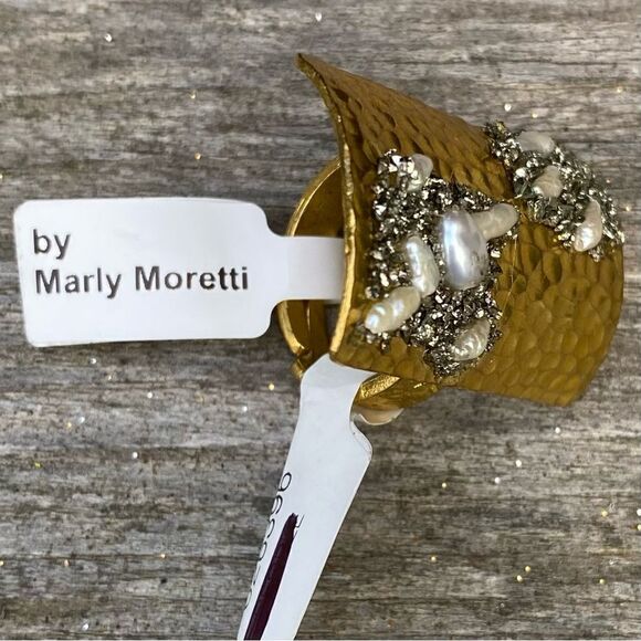 NWT Marly Moretti Free People Alba Freshwater Pearl/Brass/Pyrite Stone Ring Adj - Picture 10 of 11